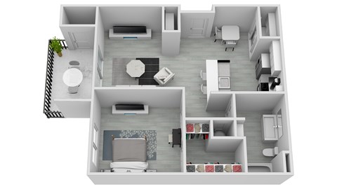 A 3D floor plan of a small apartment with a kitchen, one bedroom, living room, and bathroom at The Austin in Opelika, AL.